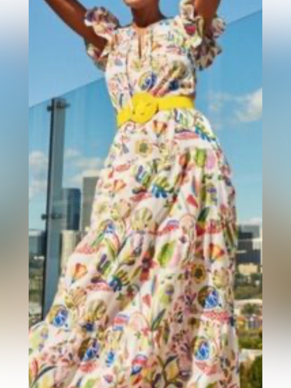 JMcLaughlin Floral Print White Maxi Dress with Ruffle Sleeves